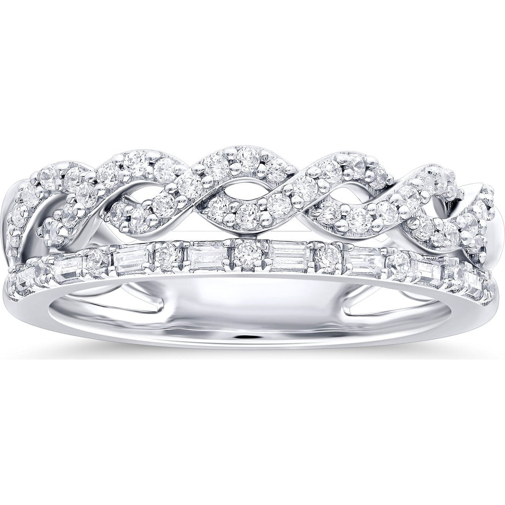 14K White Gold Anniversary Ring with Twisted Round and Baguette Diamonds - 0.45 Carat Total Diamond Weight by Auriventus