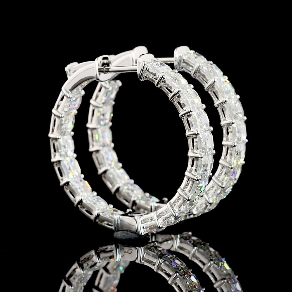 14K White Gold Antique Asscher Cut Lab Diamond Hoop Earrings - 5.55 Carat Total Weight, E-F VVS2 - Covaloro Fine Jewelry