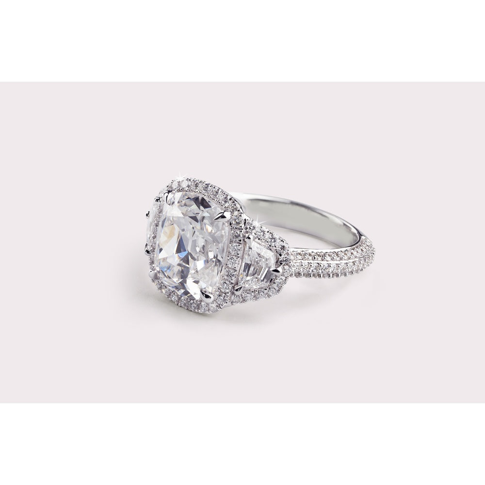 14K White Gold Antique Cushion Cut 3-Stone Halo Ring with Half-Moon and Round Diamond Accents - 5.61 Carat Total Diamond Weight - Covaloro Fine Jewelry