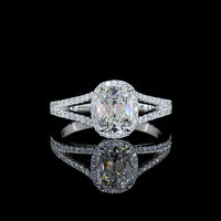 14K White Gold Antique Cushion Cut Halo Split Shank Ring with Lab Diamonds - 1.3 Carat Total Diamond Weight - Covaloro Fine Jewelry