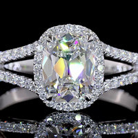 14K White Gold Antique Cushion Cut Halo Split Shank Ring with Lab Diamonds - 1.3 Carat Total Diamond Weight - Covaloro Fine Jewelry