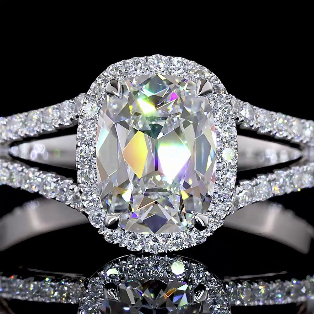 14K White Gold Antique Cushion Cut Halo Split Shank Ring with Lab Diamonds - 1.3 Carat Total Diamond Weight - Covaloro Fine Jewelry