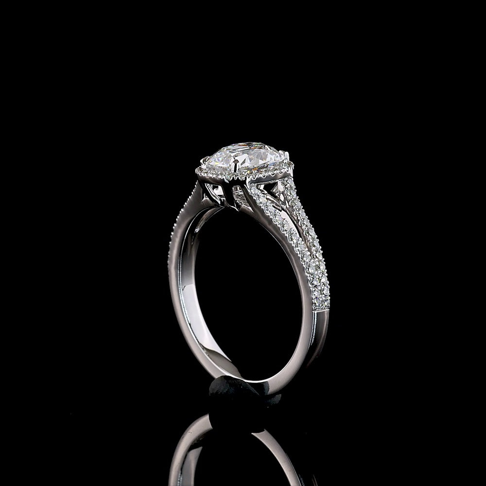14K White Gold Antique Cushion Cut Halo Split Shank Ring with Lab Diamonds - 1.3 Carat Total Diamond Weight - Covaloro Fine Jewelry