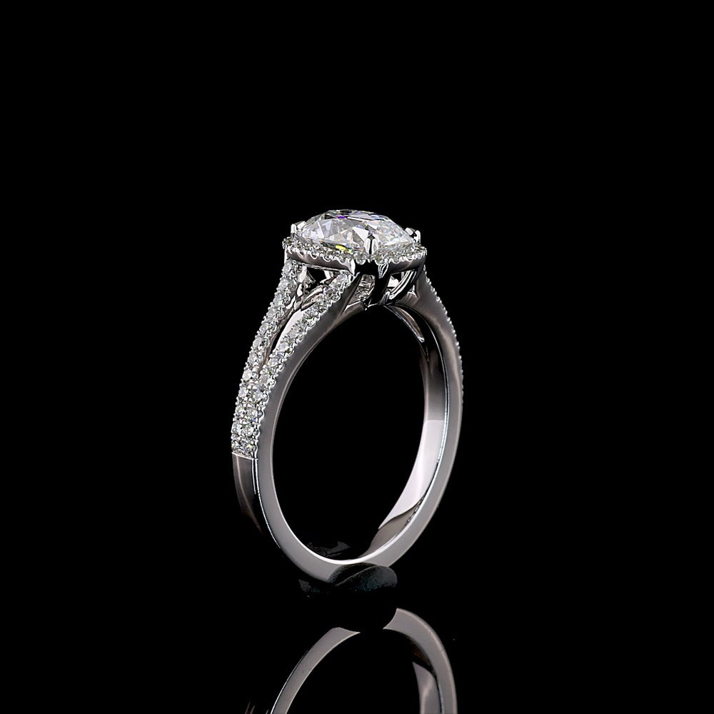 14K White Gold Antique Cushion Cut Halo Split Shank Ring with Lab Diamonds - 1.3 Carat Total Diamond Weight - Covaloro Fine Jewelry
