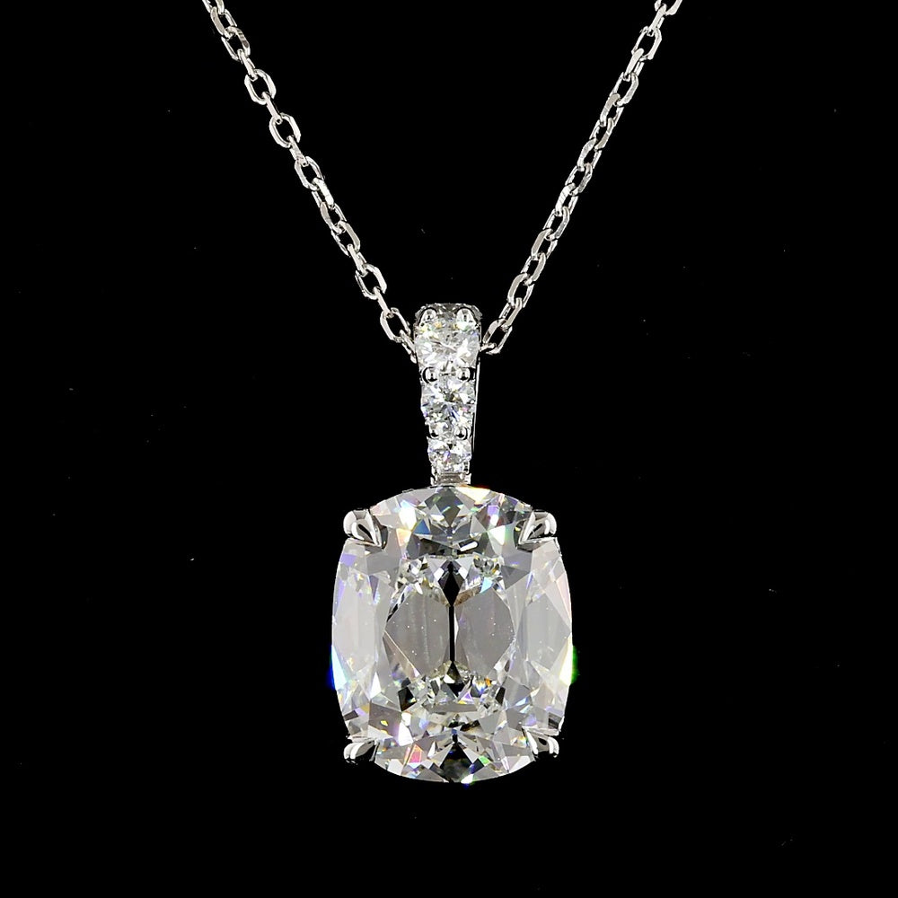 14K White Gold Antique Cushion Cut Lab Diamond Pendant with Brilliant Accent Stones - 3.11 Carat Total Diamond Weight, E VS1 Clarity, GIA Certified - Covaloro Fine Jewelry