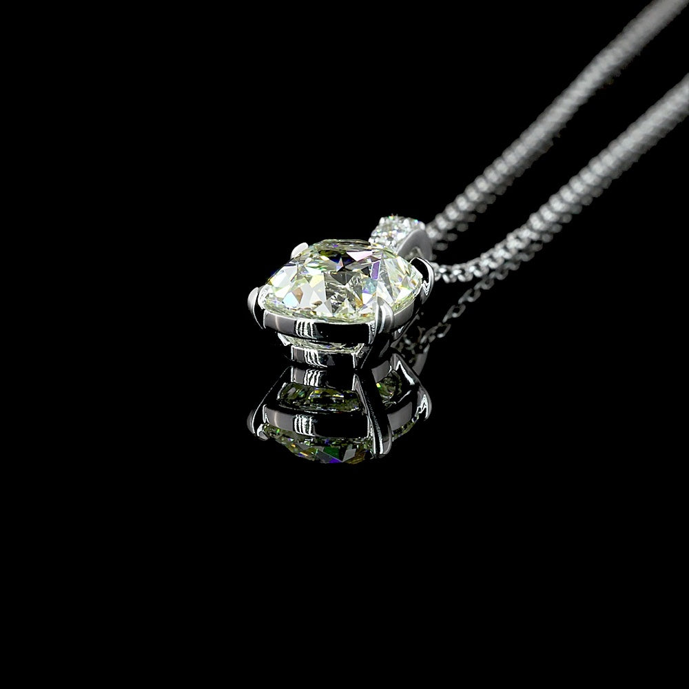 14K White Gold Antique Cushion Cut Lab Diamond Pendant with Brilliant Round Accents - 1.57 Carat Total Diamond Weight - Covaloro Fine Jewelry
