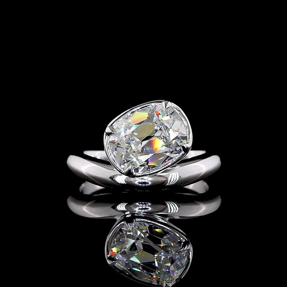 14K White Gold Antique Cushion Cut Lab Diamond Solitaire Ring with Bezel-Prong Inclined Setting - 3.12 Carat E-F VS1 - Covaloro Fine Jewelry