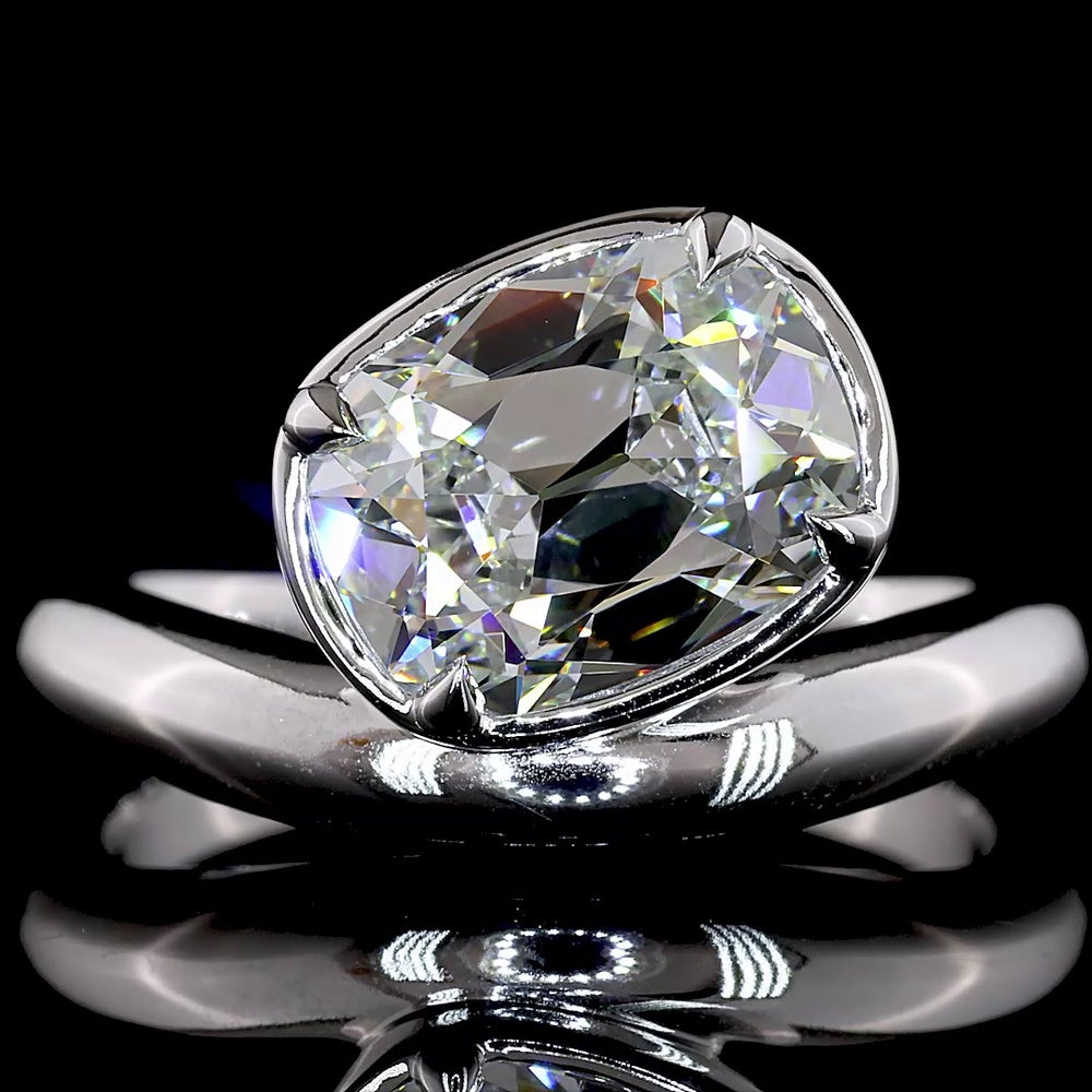 14K White Gold Antique Cushion Cut Lab Diamond Solitaire Ring with Bezel-Prong Inclined Setting - 3.12 Carat E-F VS1 - Covaloro Fine Jewelry