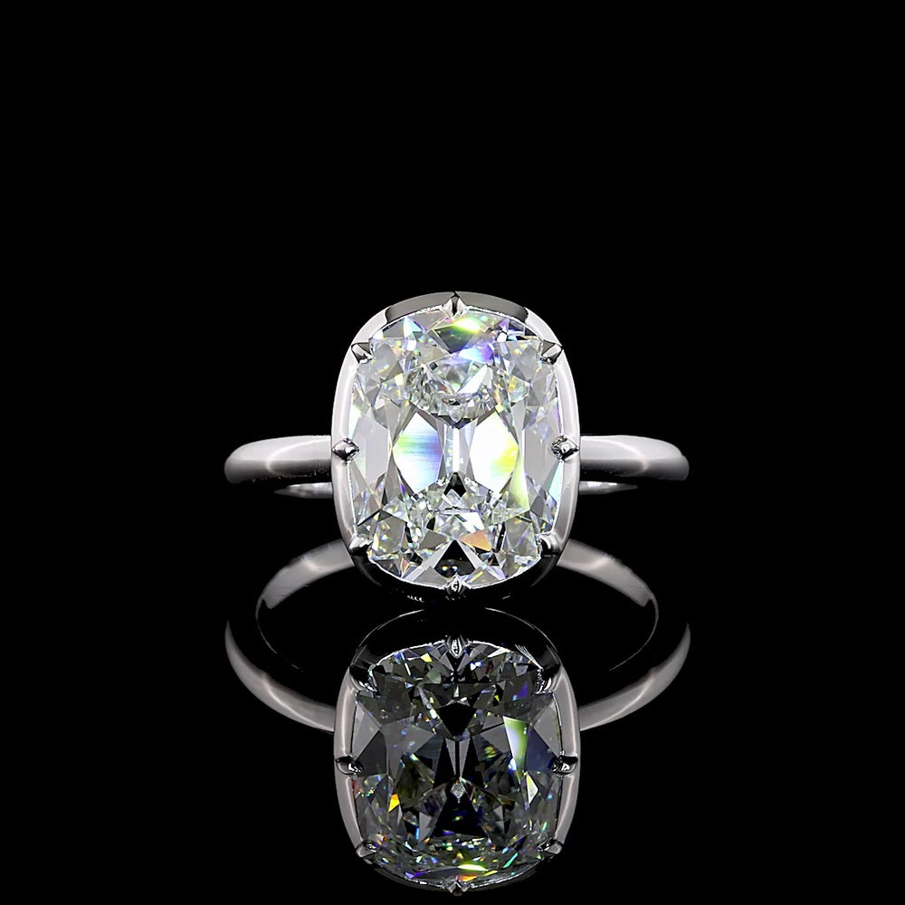 14K White Gold Antique Cushion Cut Solitaire Ring with 4.10 Carat Lab Diamond in Bezel-Prong North-South Setting, E-F VVS2 Clarity - Covaloro Fine Jewelry