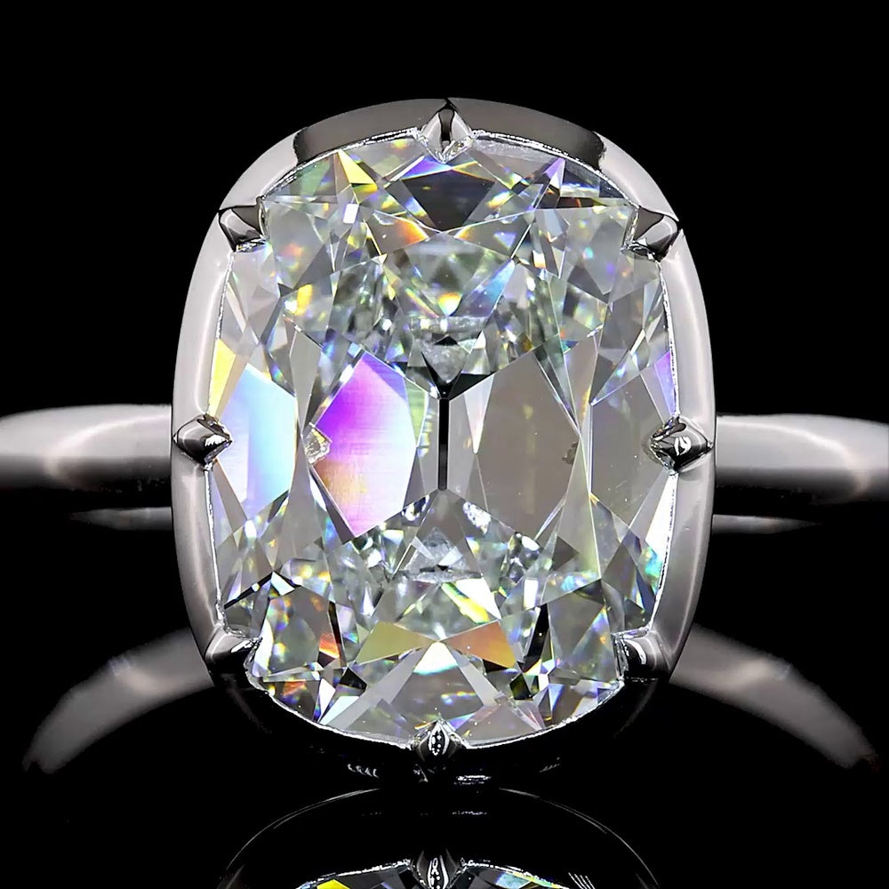 14K White Gold Antique Cushion Cut Solitaire Ring with 4.10 Carat Lab Diamond in Bezel-Prong North-South Setting, E-F VVS2 Clarity - Covaloro Fine Jewelry