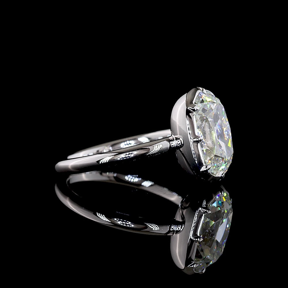 14K White Gold Antique Cushion Cut Solitaire Ring with 4.10 Carat Lab Diamond in Bezel-Prong North-South Setting, E-F VVS2 Clarity - Covaloro Fine Jewelry