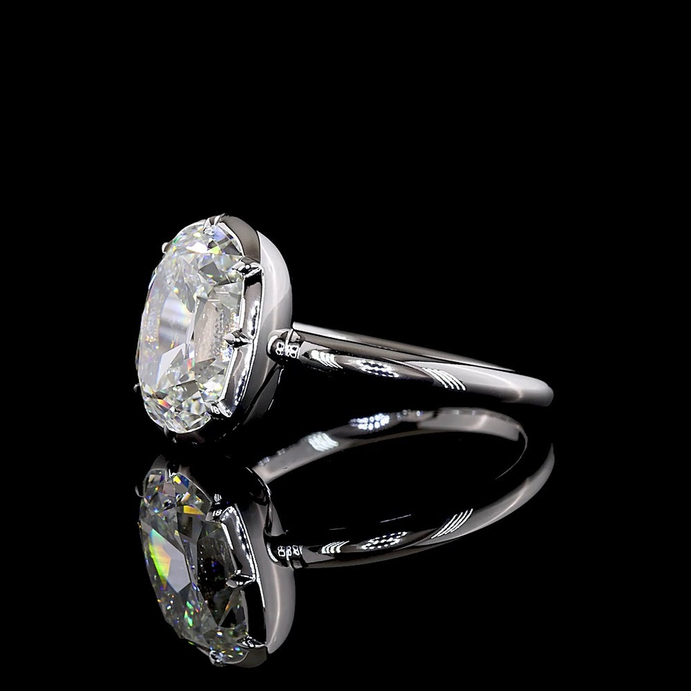 14K White Gold Antique Cushion Cut Solitaire Ring with 4.10 Carat Lab Diamond in Bezel-Prong North-South Setting, E-F VVS2 Clarity - Covaloro Fine Jewelry