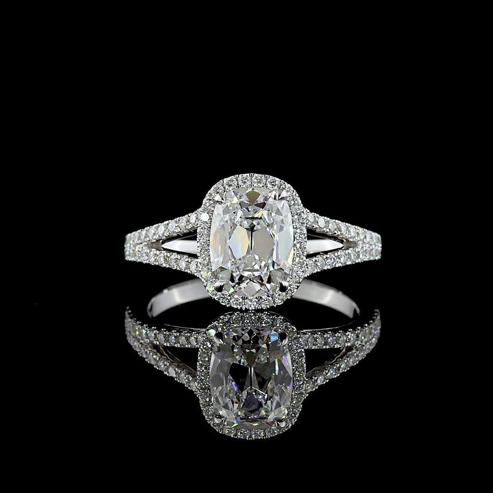14K White Gold Antique Cushion Cut Split Shank Halo Ring with Lab-Grown D VS1 Diamond - 1.91 Carat Total Diamond Weight - Covaloro Fine Jewelry