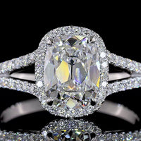 14K White Gold Antique Cushion Cut Split Shank Halo Ring with Lab-Grown D VS1 Diamond - 1.91 Carat Total Diamond Weight - Covaloro Fine Jewelry