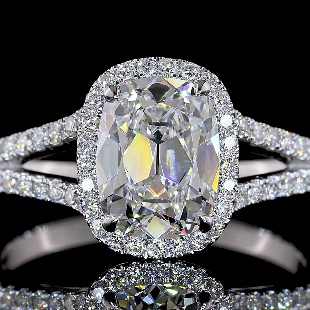14K White Gold Antique Cushion Cut Split Shank Halo Ring with Lab-Grown D VS1 Diamond - 1.91 Carat Total Diamond Weight - Covaloro Fine Jewelry