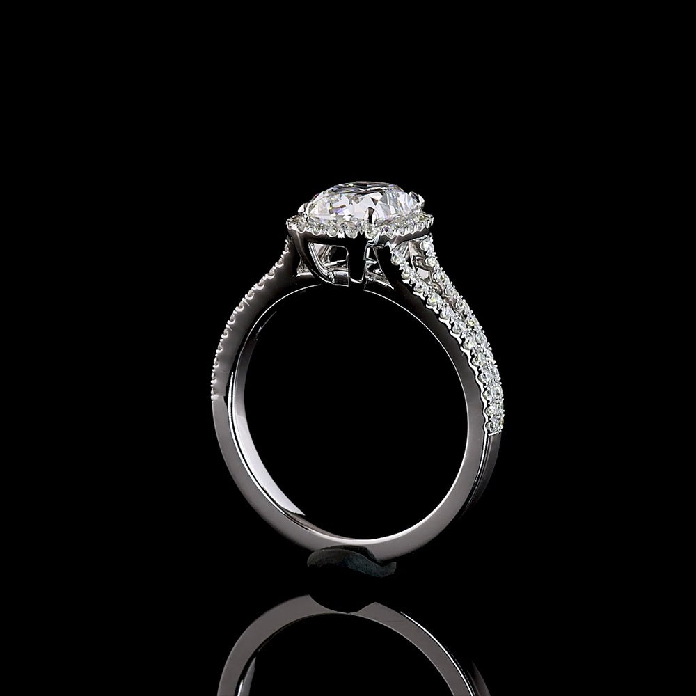14K White Gold Antique Cushion Cut Split Shank Halo Ring with Lab-Grown D VS1 Diamond - 1.91 Carat Total Diamond Weight - Covaloro Fine Jewelry