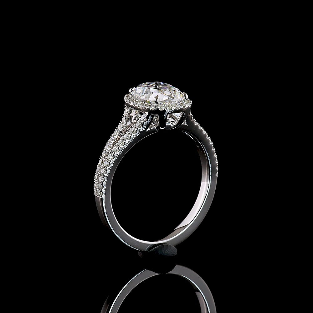 14K White Gold Antique Cushion Cut Split Shank Halo Ring with Lab-Grown D VS1 Diamond - 1.91 Carat Total Diamond Weight - Covaloro Fine Jewelry