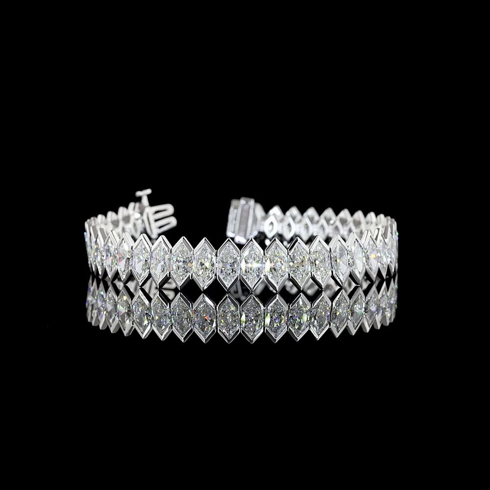 14K White Gold Antique Marquise Tennis Bracelet with Half Bezel Set Lab Diamonds - 22.26 Carats Total Diamond Weight - Covaloro Fine Jewelry