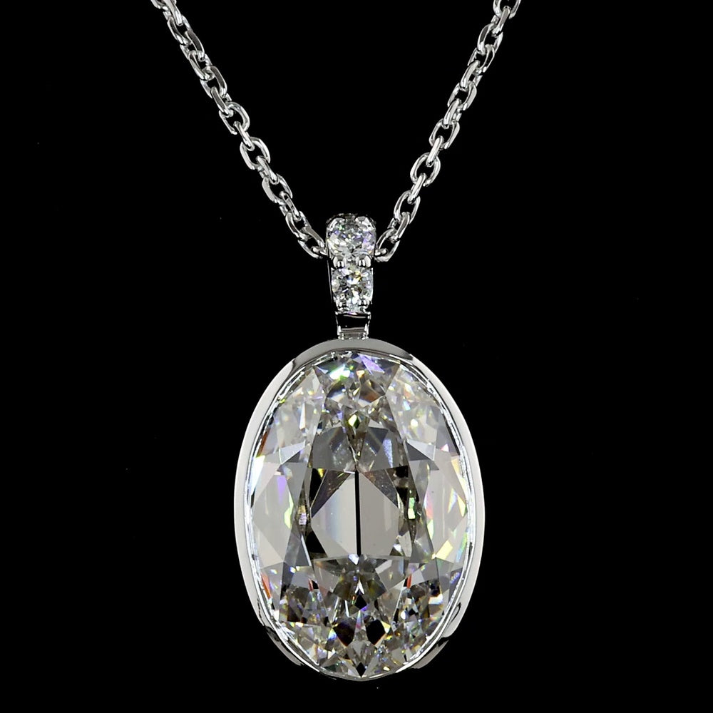 14K White Gold Antique Oval Pendant with Bezel Set 3.42 Carats Lab Diamond and Brilliant Cut Accents - 3.48 Carats Total Diamond Weight - Covaloro Fine Jewelry