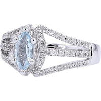 14K White Gold Aqua Marquise Center Ring with Diamond Accents - 0.44 Carat Aquamarine, 0.33 Carat Total Diamond Weight