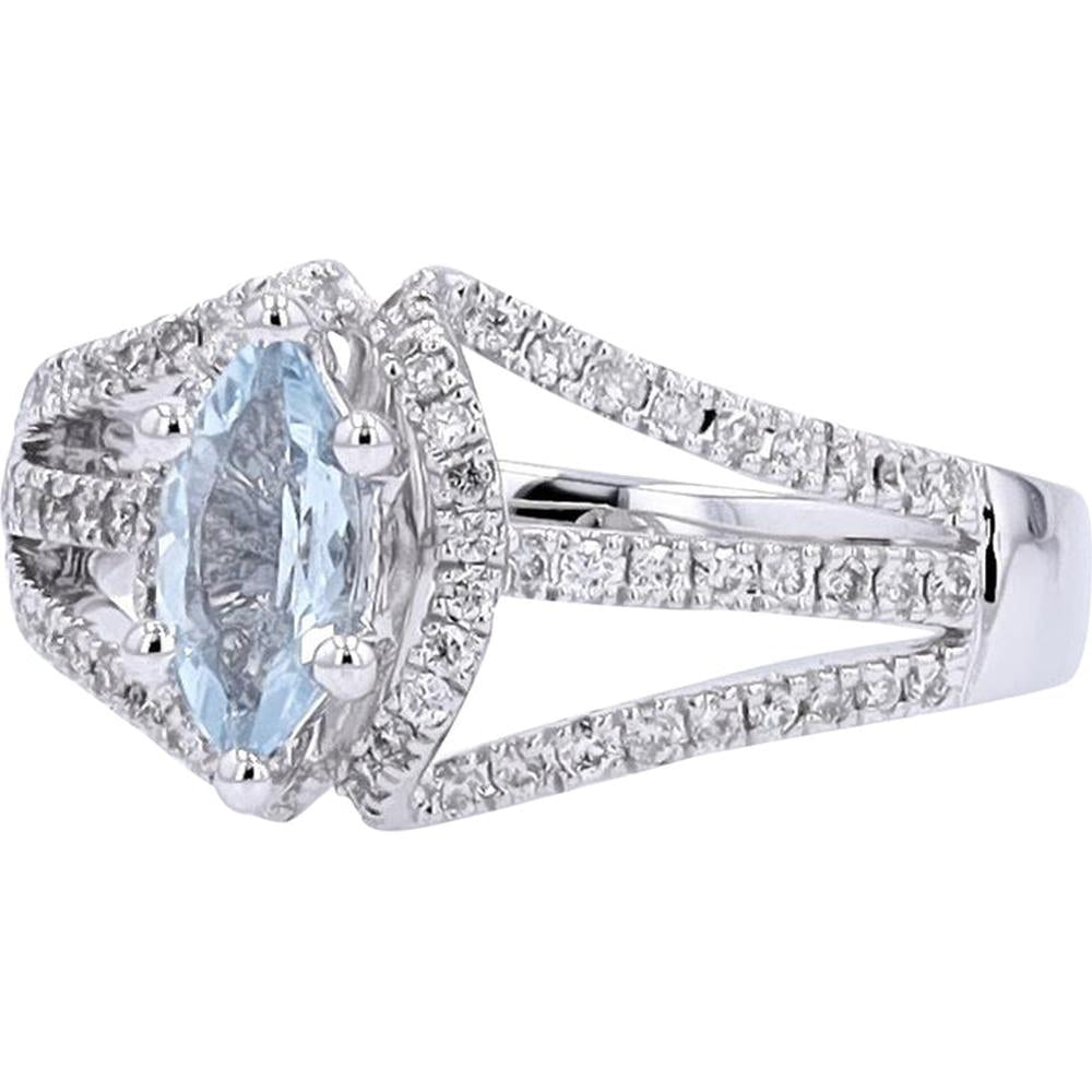 14K White Gold Aqua Marquise Center Ring with Diamond Accents - 0.44 Carat Aquamarine, 0.33 Carat Total Diamond Weight