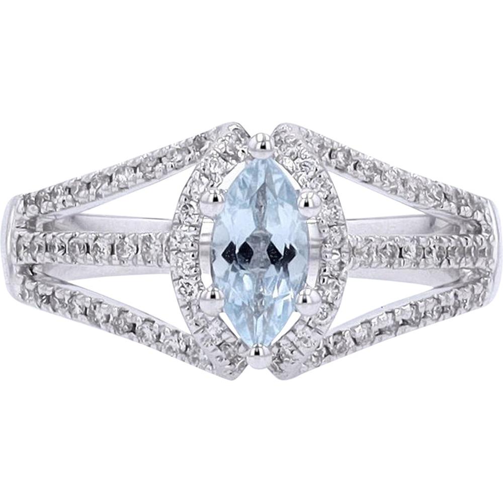 14K White Gold Aqua Marquise Center Ring with Diamond Accents - 0.44 Carat Aquamarine, 0.33 Carat Total Diamond Weight