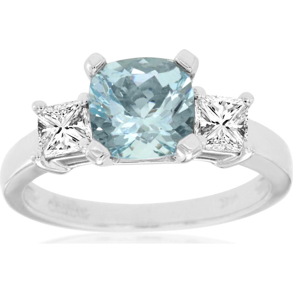 14K White Gold Aquamarine & Diamond 3-Stone Ring - 1.35 Carats Aquamarine, 0.70 Carats Total Diamond Weight