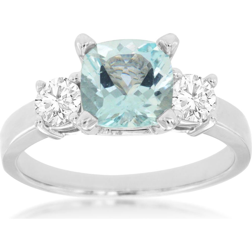 14K White Gold Aquamarine and Diamond 3-Stone Ring - 1.35 Carats Aquamarine, 1.0 Carats Total Diamond Weight