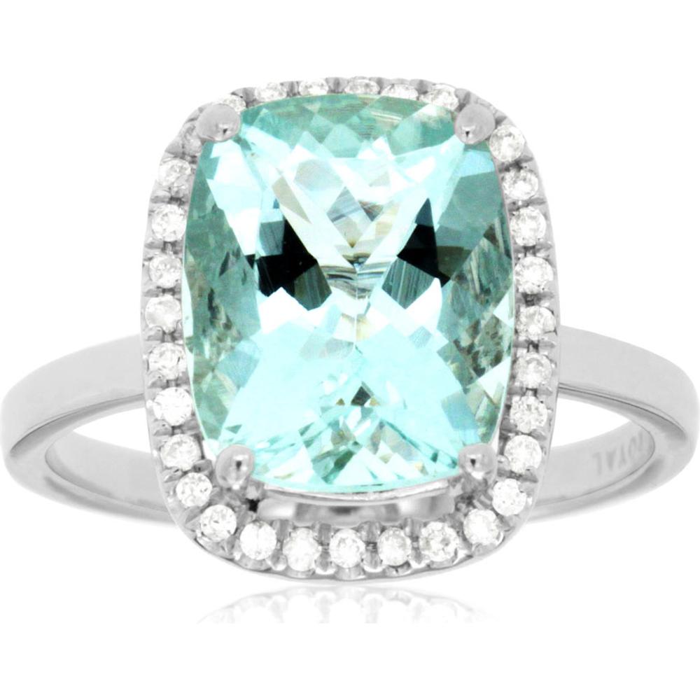 14K White Gold Aquamarine & Diamond Cushion Cut Halo Ring - 3.88 Carats Total Gemstone Weight