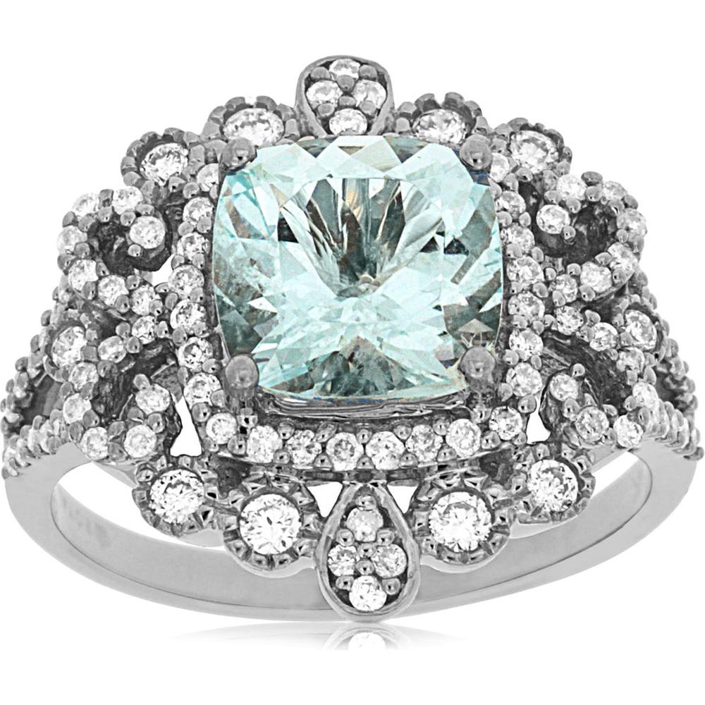 14K White Gold Aquamarine & Diamond Cushion Cut Ring - 2.50 Carats Total Gem Weight