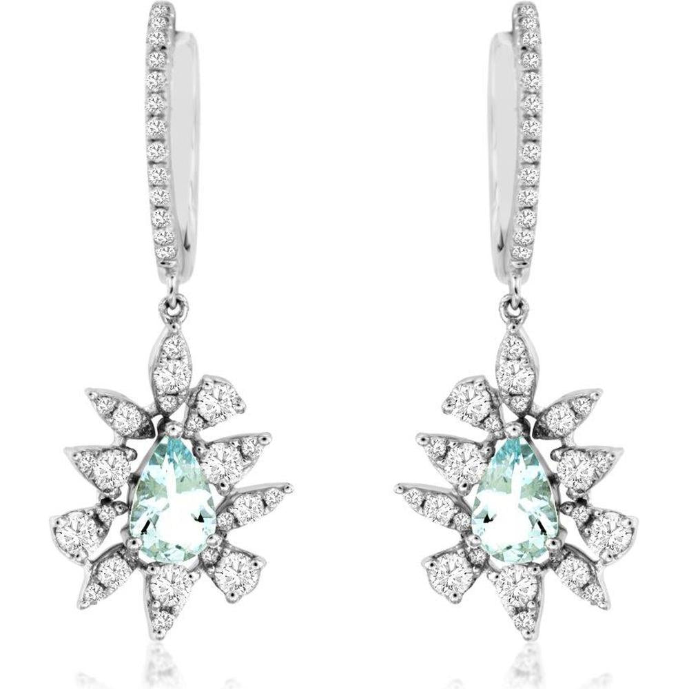 14K White Gold Aquamarine and Diamond Drop Earrings - 1.4 Carats Total Aquamarine Weight, 1.5 Carats Total Diamond Weight