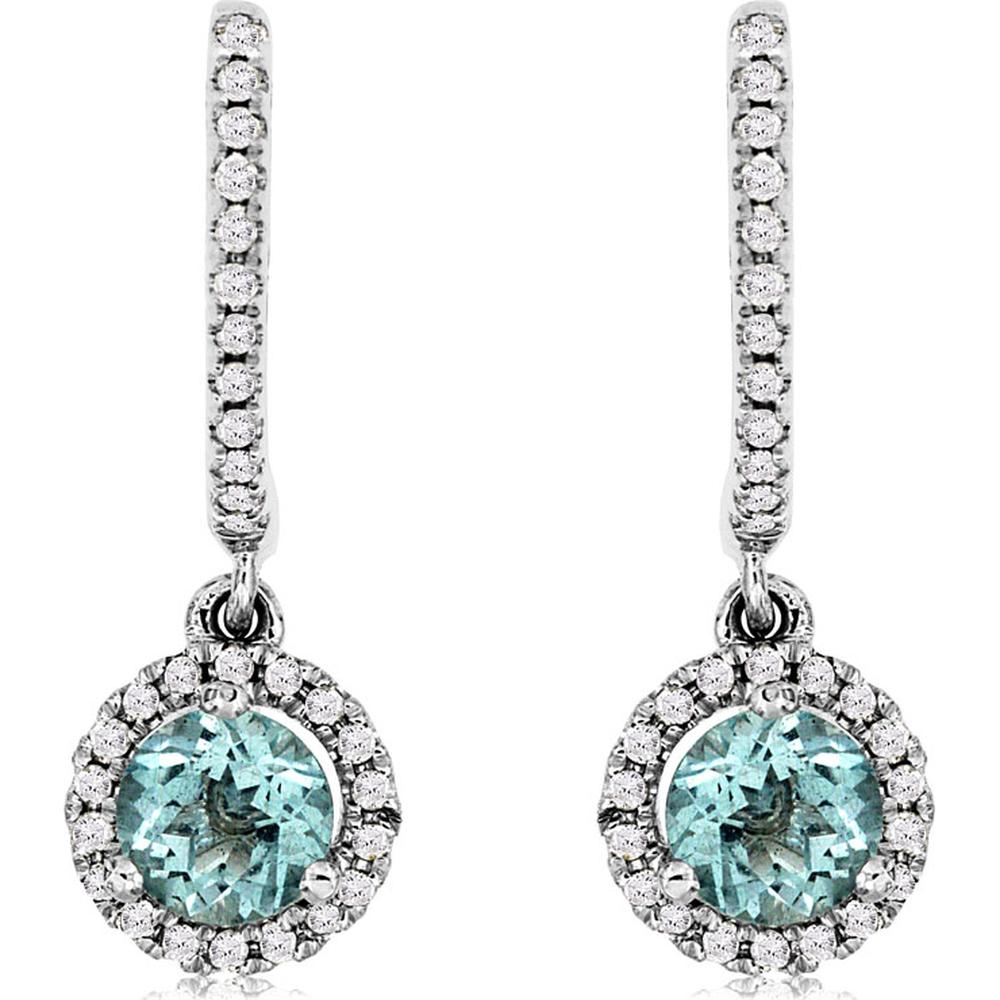14K White Gold Aquamarine & Diamond Drop Earrings with Round Aquamarine - 0.65 Carats Total Aquamarine Weight, 0.24 Carats Total Diamond Weight