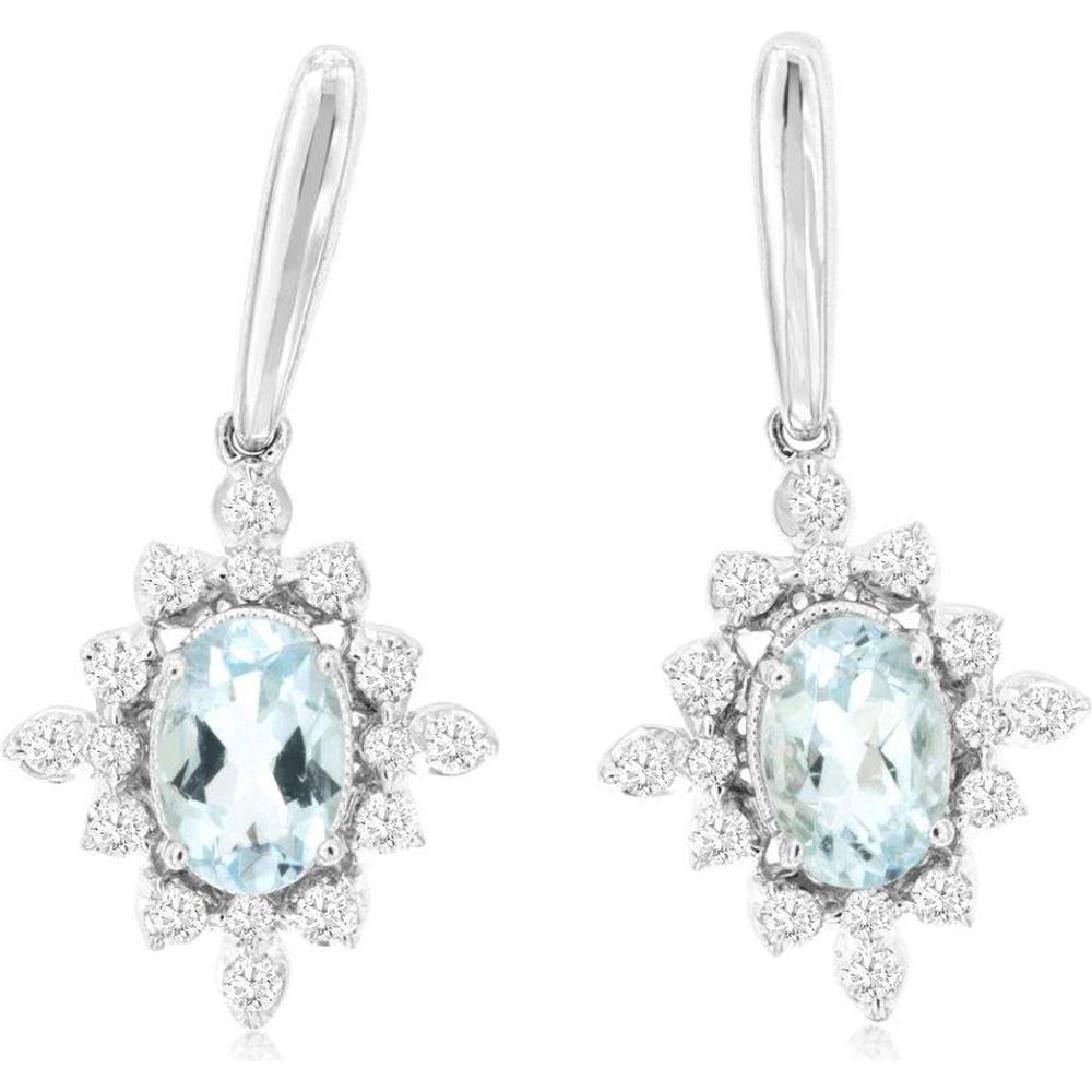 14K White Gold Aquamarine & Diamond Halo Drop Earrings - 0.84 Carats Total Aquamarine Weight, 0.33 Carats Total Diamond Weight
