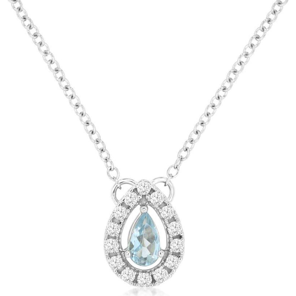 14K White Gold Aquamarine & Diamond Halo Necklace - 0.30 Carats Total Gem Weight