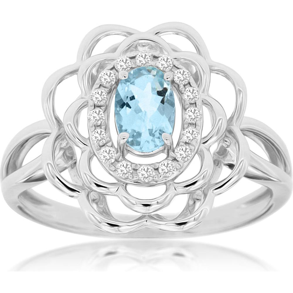 14K White Gold Aquamarine & Diamond Halo Ring - 0.42 Carats Aquamarine, 0.11 Carats Total Diamond Weight