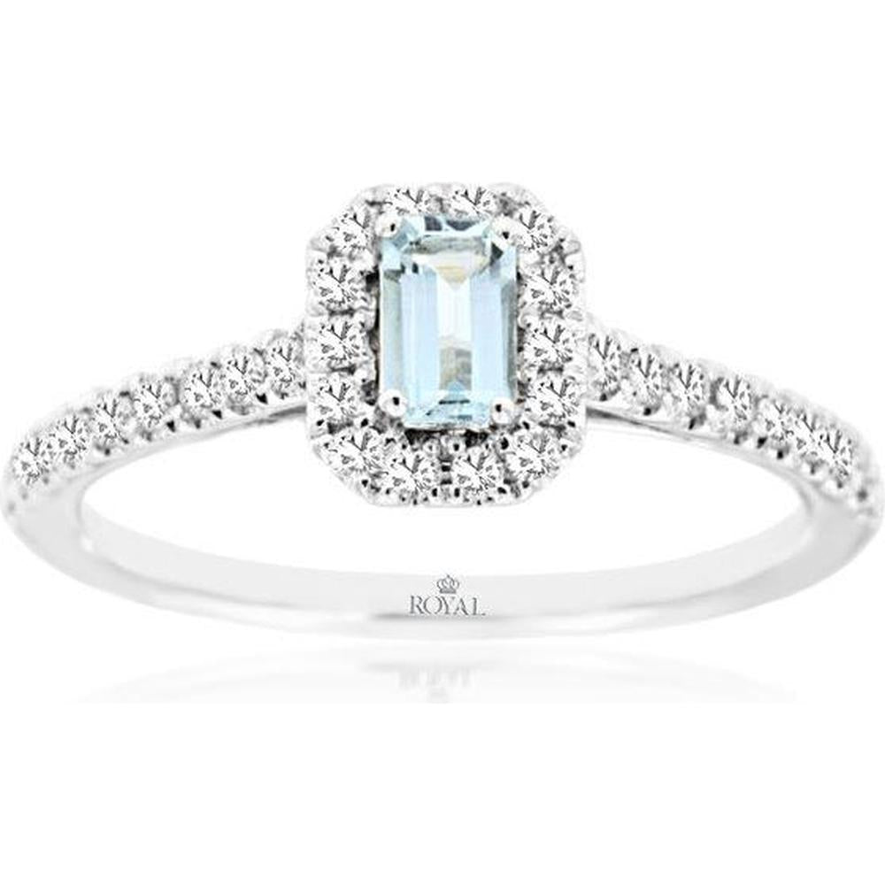 14K White Gold Aquamarine and Diamond Halo Ring - 0.54 Carats Total Gem Weight