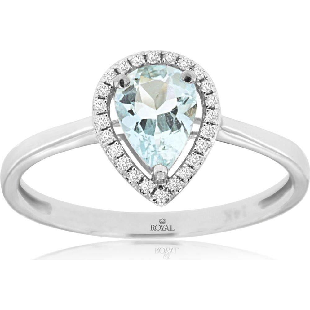 14K White Gold Aquamarine & Diamond Halo Ring - 0.65 Carats Aquamarine, 0.08 Carats Total Diamond Weight