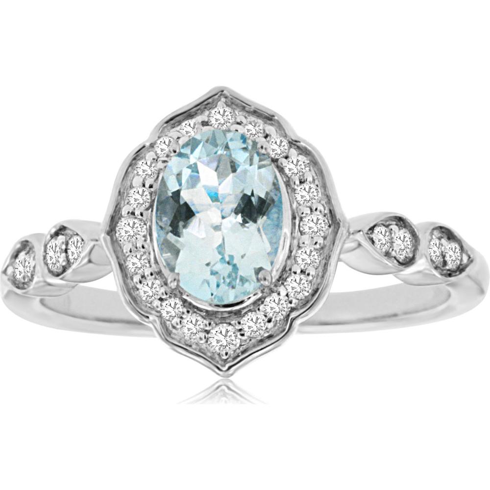 14K White Gold Aquamarine & Diamond Halo Ring - 0.68 Carats Aquamarine, 0.42 Carats Total Diamond Weight