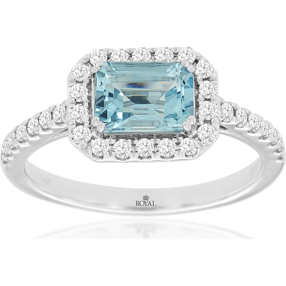 14K White Gold Aquamarine and Diamond Halo Ring - 1.2 Carats Total Weight