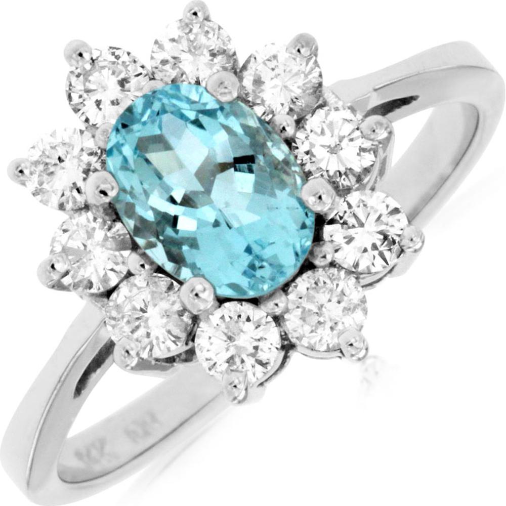 14K White Gold Aquamarine and Diamond Halo Ring - 1.45 Carats Total Gem Weight