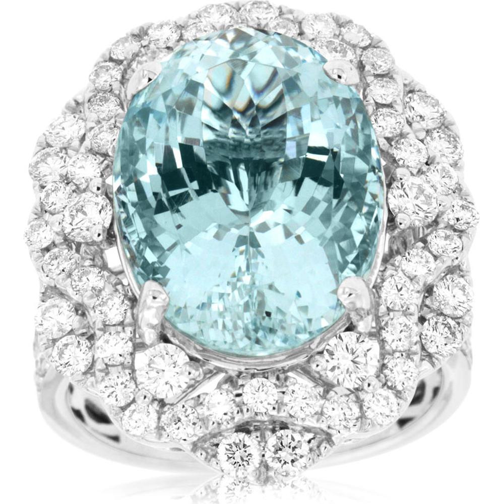 14K White Gold Aquamarine & Diamond Halo Ring - 9.50 Carats Aquamarine & 1.45 Carats Total Diamond Weight