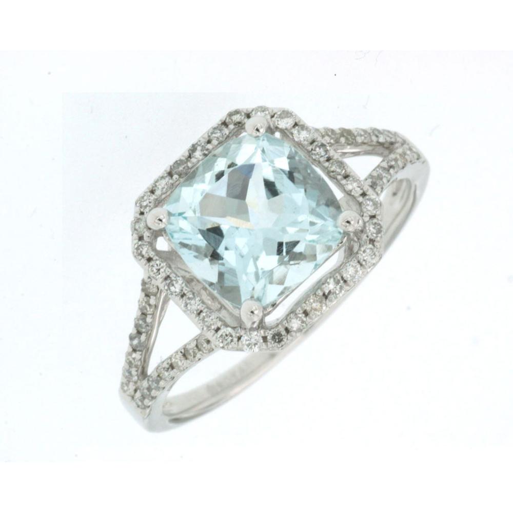 14K White Gold Aquamarine & Diamond Halo Ring with 1.80 Carats Cushion Cut Aquamarine and 0.30 Carats Total Diamond Weight