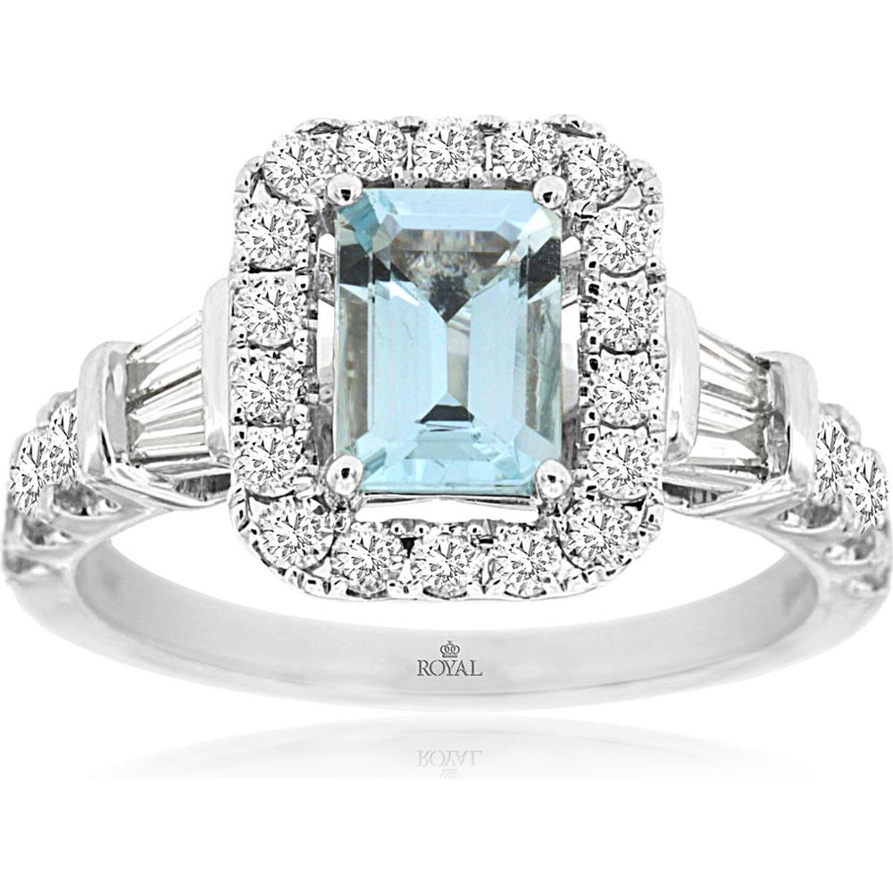 14K White Gold Aquamarine and Diamond Halo Ring with Emerald-Cut Aquamarine Center and Round and Baguette Diamonds - 0.87 Carat Aquamarine and 0.88 Carat Total Diamond Weight - Royal Jewelry