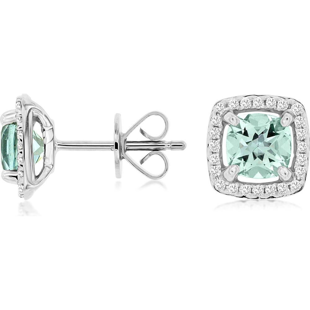 14K White Gold Aquamarine and Diamond Halo Stud Earrings - 1.00 Carat Total Aquamarine Weight, 0.14 Carat Total Diamond Weight - Royal Jewelry