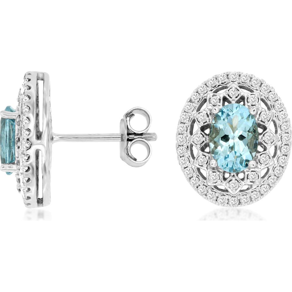 14K White Gold Aquamarine & Diamond Halo Stud Earrings - 1.35 Carats Total Aquamarine, 0.24 Carats Total Diamond Weight