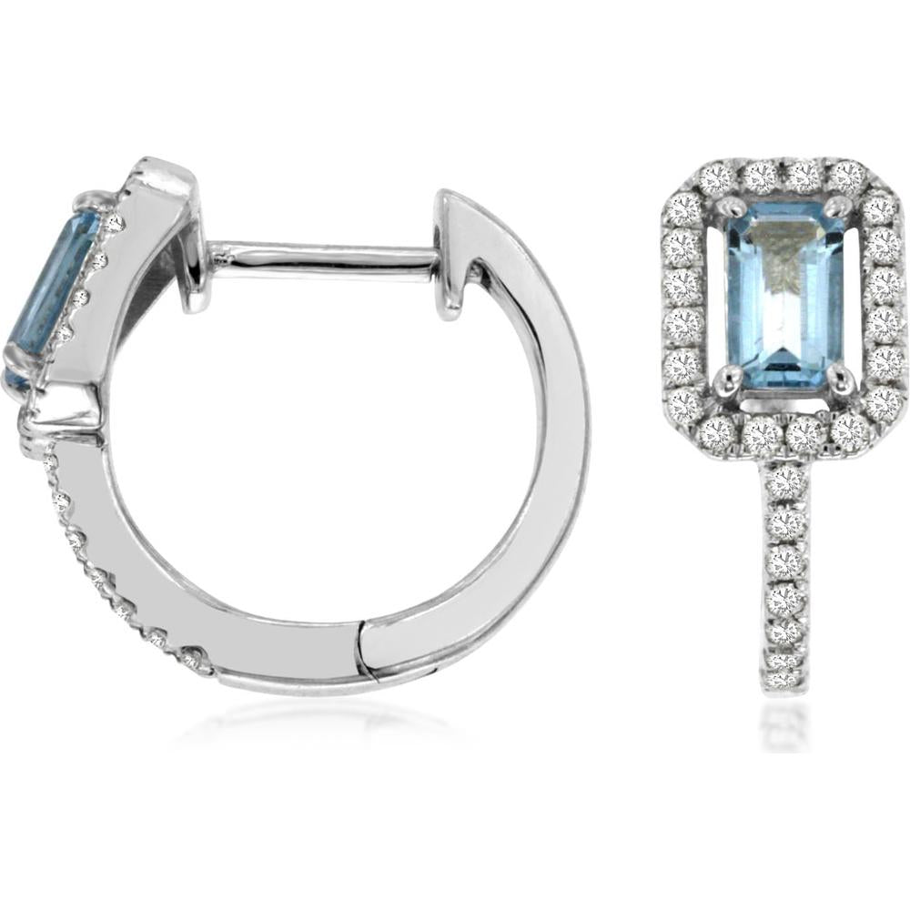 14K White Gold Aquamarine & Diamond Hoop Earrings - 0.90 Carats Total Aquamarine Weight, 0.42 Carats Total Diamond Weight