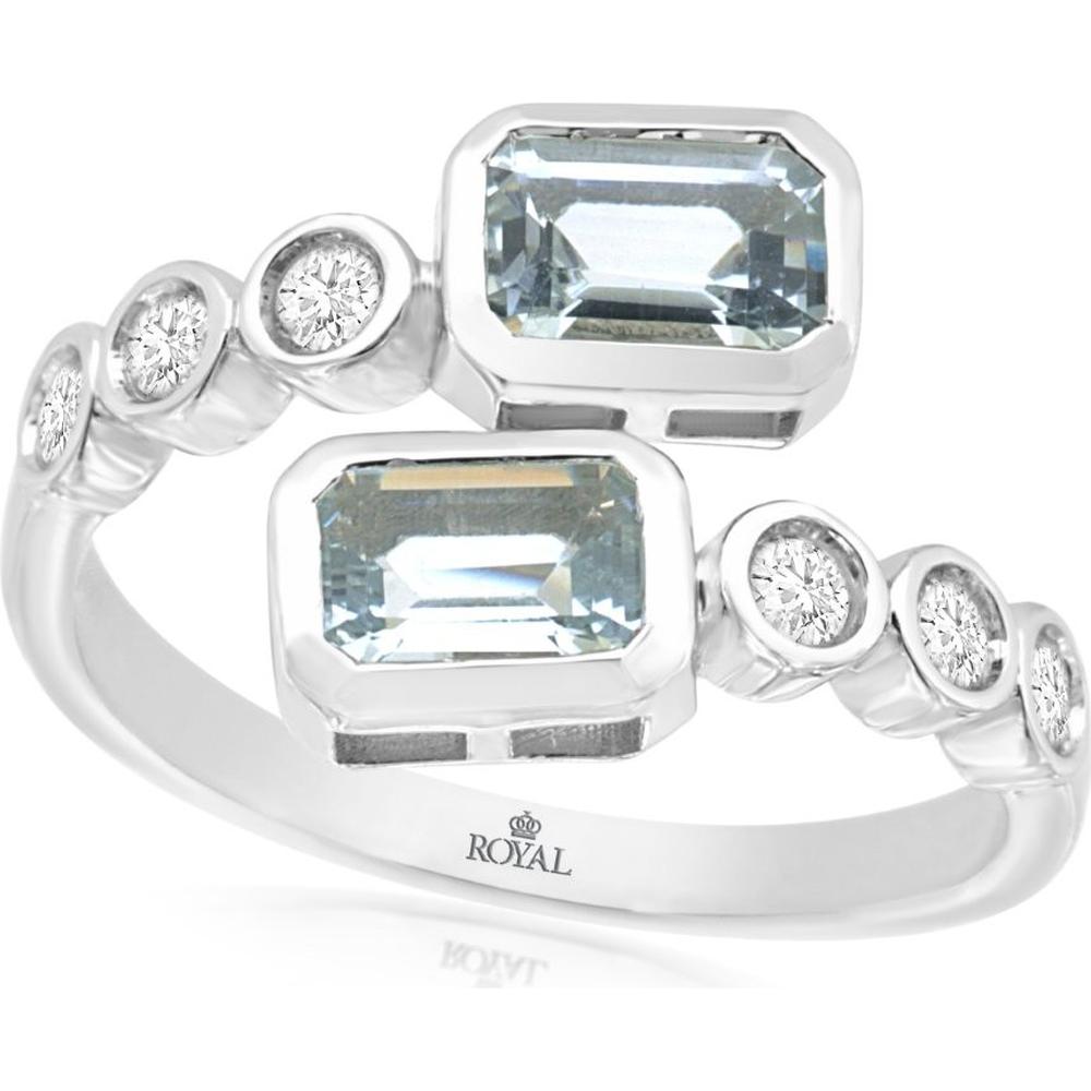 14K White Gold Aquamarine & Diamond Open Ring with Emerald-Cut Aquamarines - 1.00 Carat Total Aquamarine Weight & 0.25 Carat Total Diamond Weight - Royal Jewelry