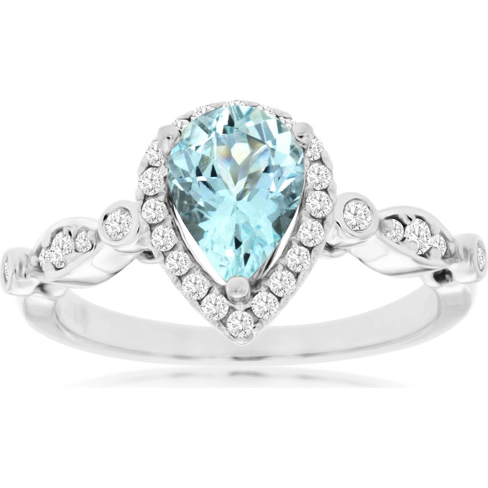 14K White Gold Aquamarine & Diamond Pear-Shaped Halo Ring - 1.15 Carats Total Gem Weight