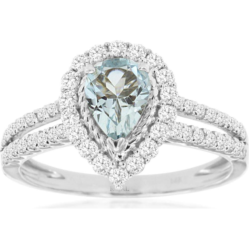 14K White Gold Aquamarine & Diamond Pear-Shaped Ring - 0.65 Carats Aquamarine, 0.52 Carats Total Diamond Weight