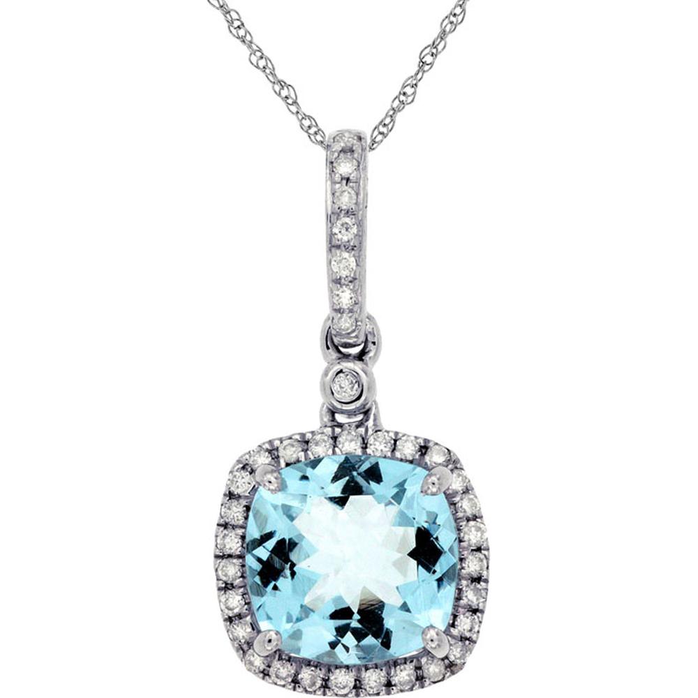 14K White Gold Aquamarine & Diamond Pendant with Cushion Cut Aquamarine - 1.85 Carats Aquamarine, 0.14 Carats Diamond Weight